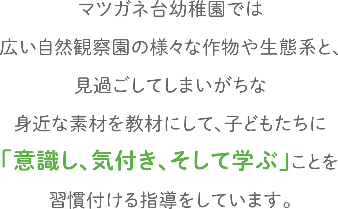 マツガネ台幼稚園では広い自然観察園の様々な作物や生態系と、見過ごしてしまいがちな身近な素材を教材にして、子どもたちに「意識し、気付き、そして学ぶ」ことを習慣付ける指導をしています。